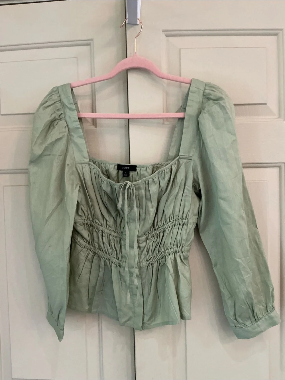 J. Crew Sage Green Smocked Square-Neck Cotton Blouse